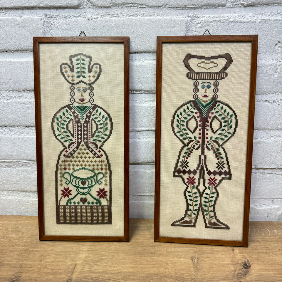 A couple of two folk art figures - Cross-Stitch Embroidery - Cottonwork - Framed