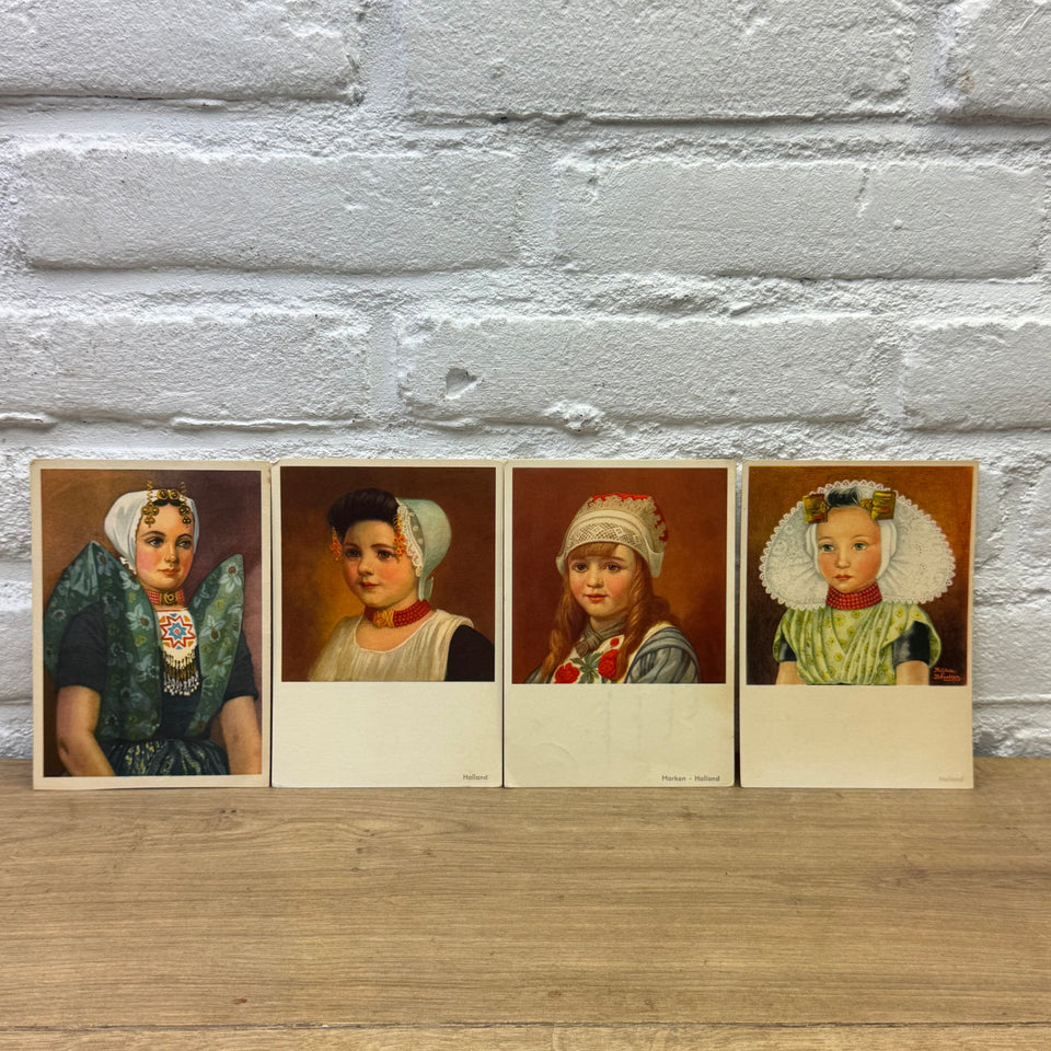 Set of 4 Antique Dutch Folk Dress Postcards – Holland Traditional Costume Embroidery Illustrations