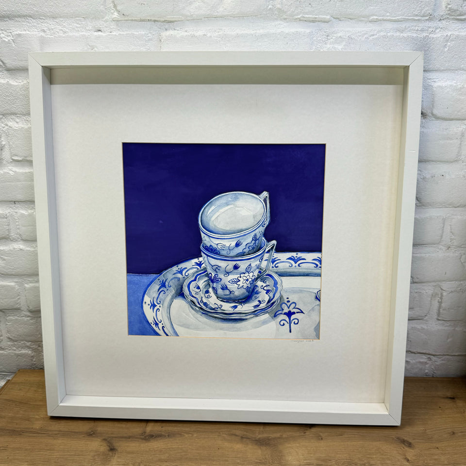 Two original paintings of Delft Blue ceramic from Holland.