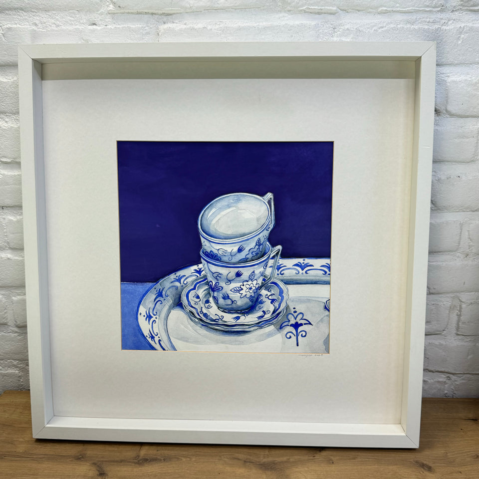 Two original paintings of Delft Blue ceramic from Holland.