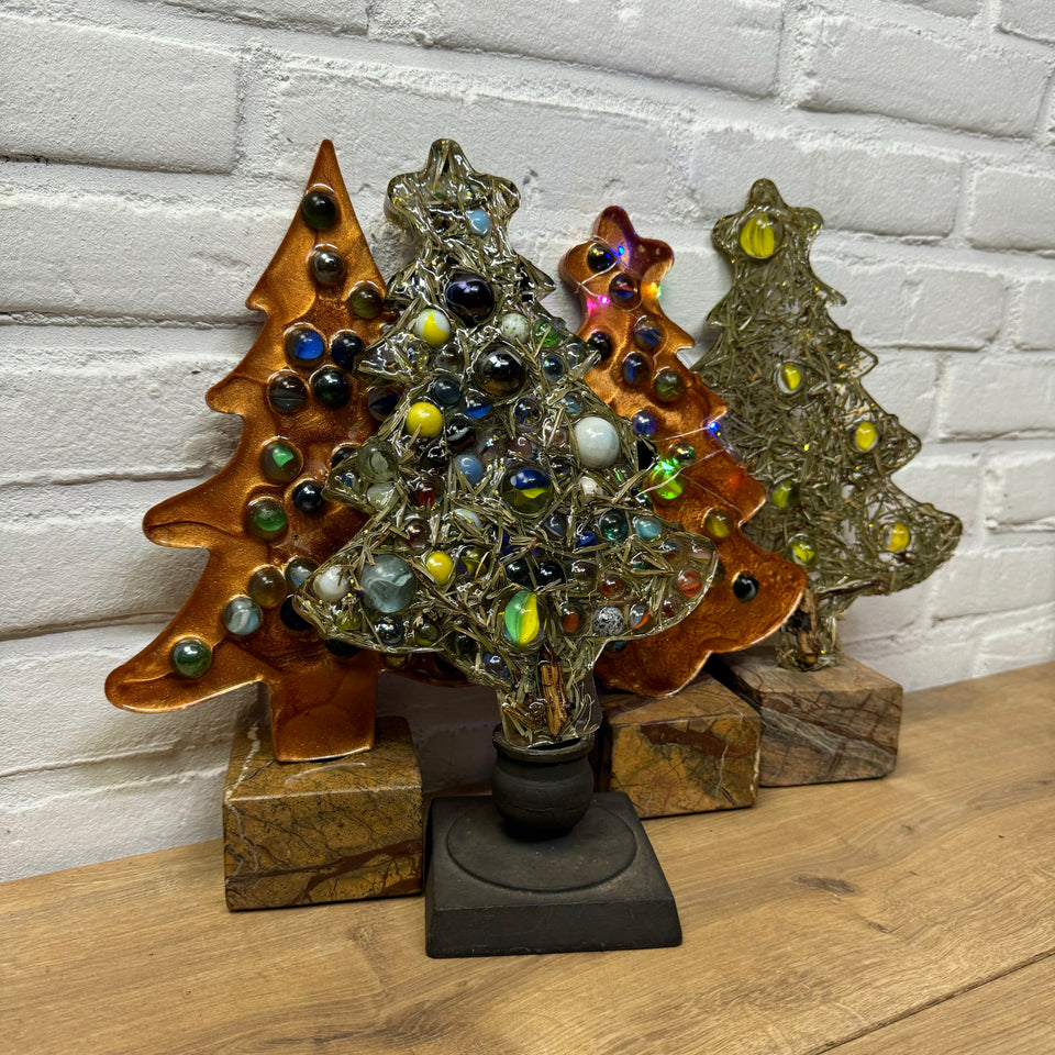 Glass Marbles Christmas tree - Gold Resin epoxy art with colored lights