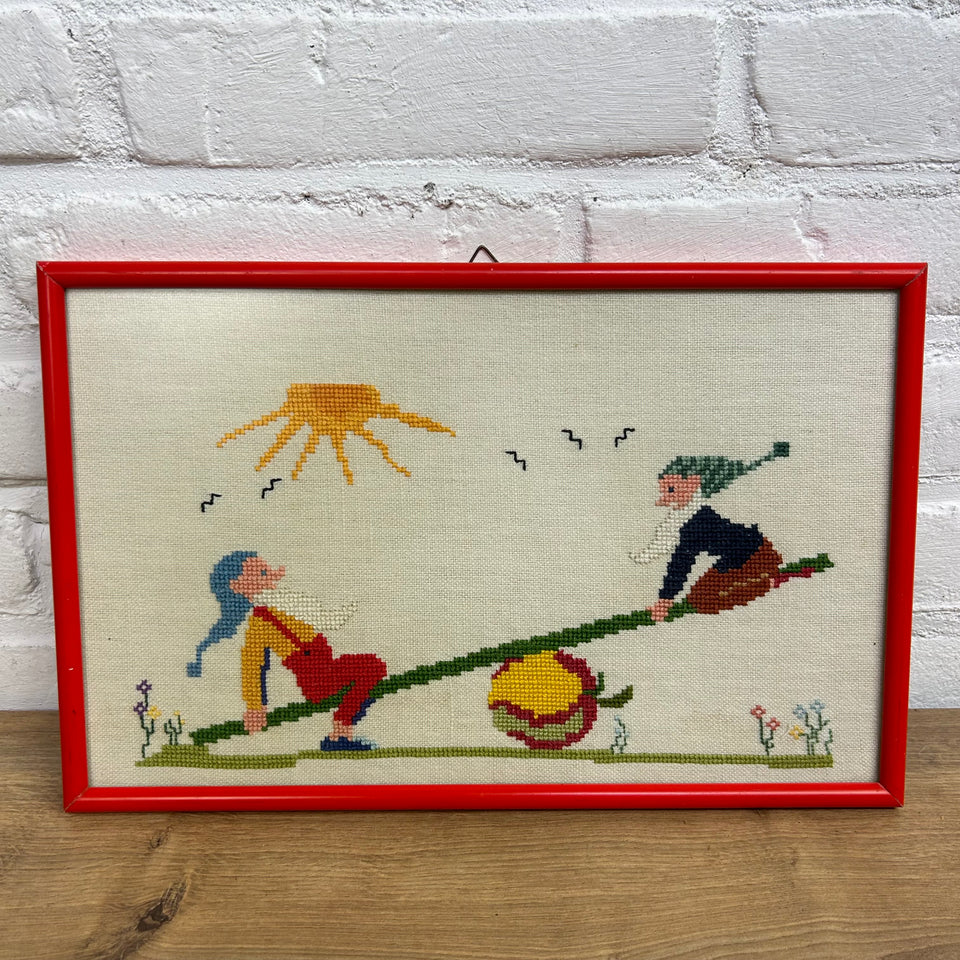 Small Vintage Embroidery of playing Gnomes Kabouters - Cottonwork - Framed