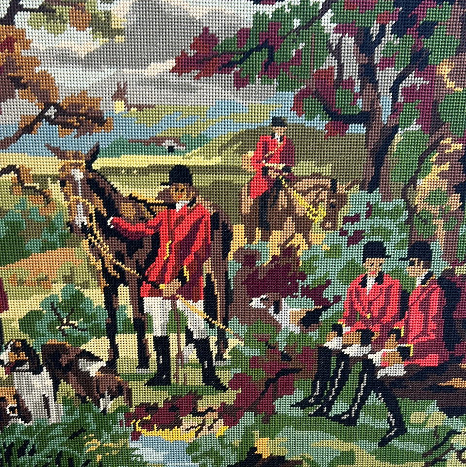 Large Vintage Hunting scene with hunters, horses and dogs  - Framed Embroidery - Cottonwork - Framed