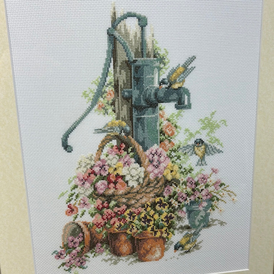 Flowers around antique water well - Embroidery - Tapestry - Patchwork - Cotton work - Framed