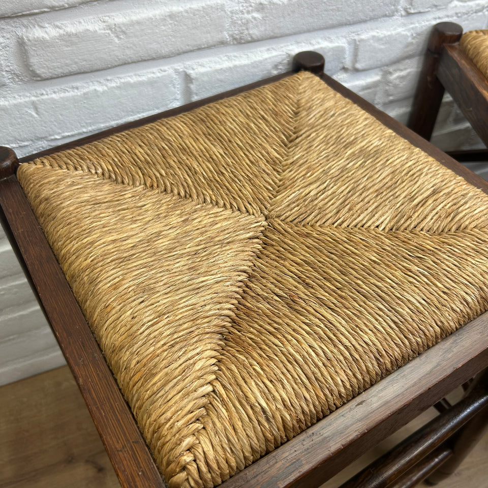 Mid-century modern wooden rattan stools