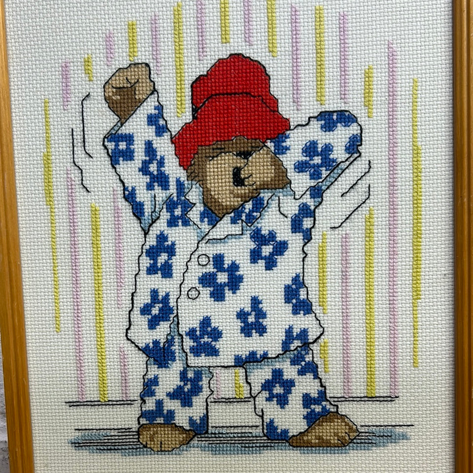 Vintage Sleepy Paddington bear Embroidery -  Childrens room - Tapestry - Patchwork - Cotton work - Framed behind glass