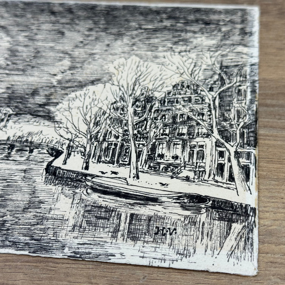 Original Ink Drawing Amsterdam - Herengracht in winter time - Henk Visser - Ink drawing on front and back