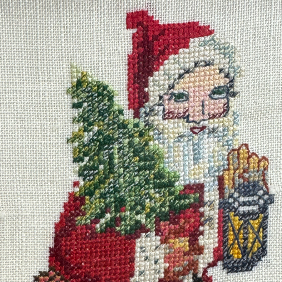 Vintage Santa needlepoint embroidery - Santa with Christmas tree and presents