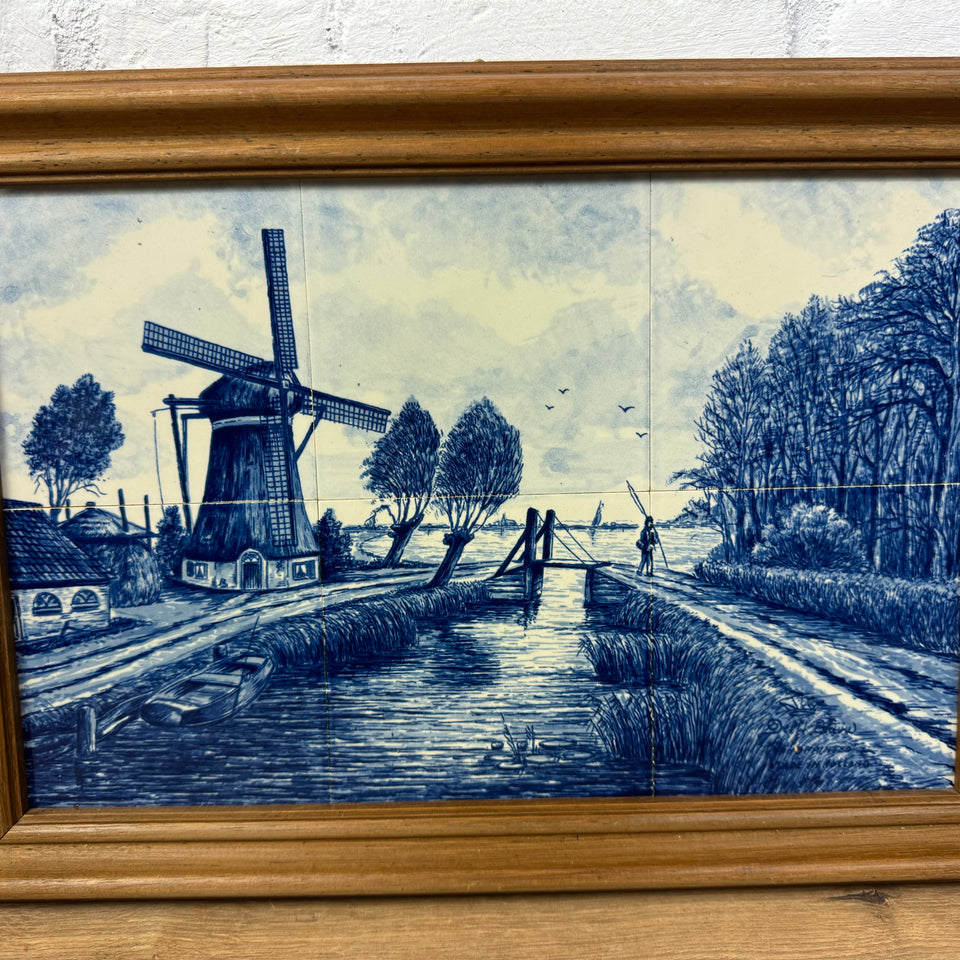 Delfts Blue wall plate painting of a Dutch Landscape - 6 framed ceramic tiles