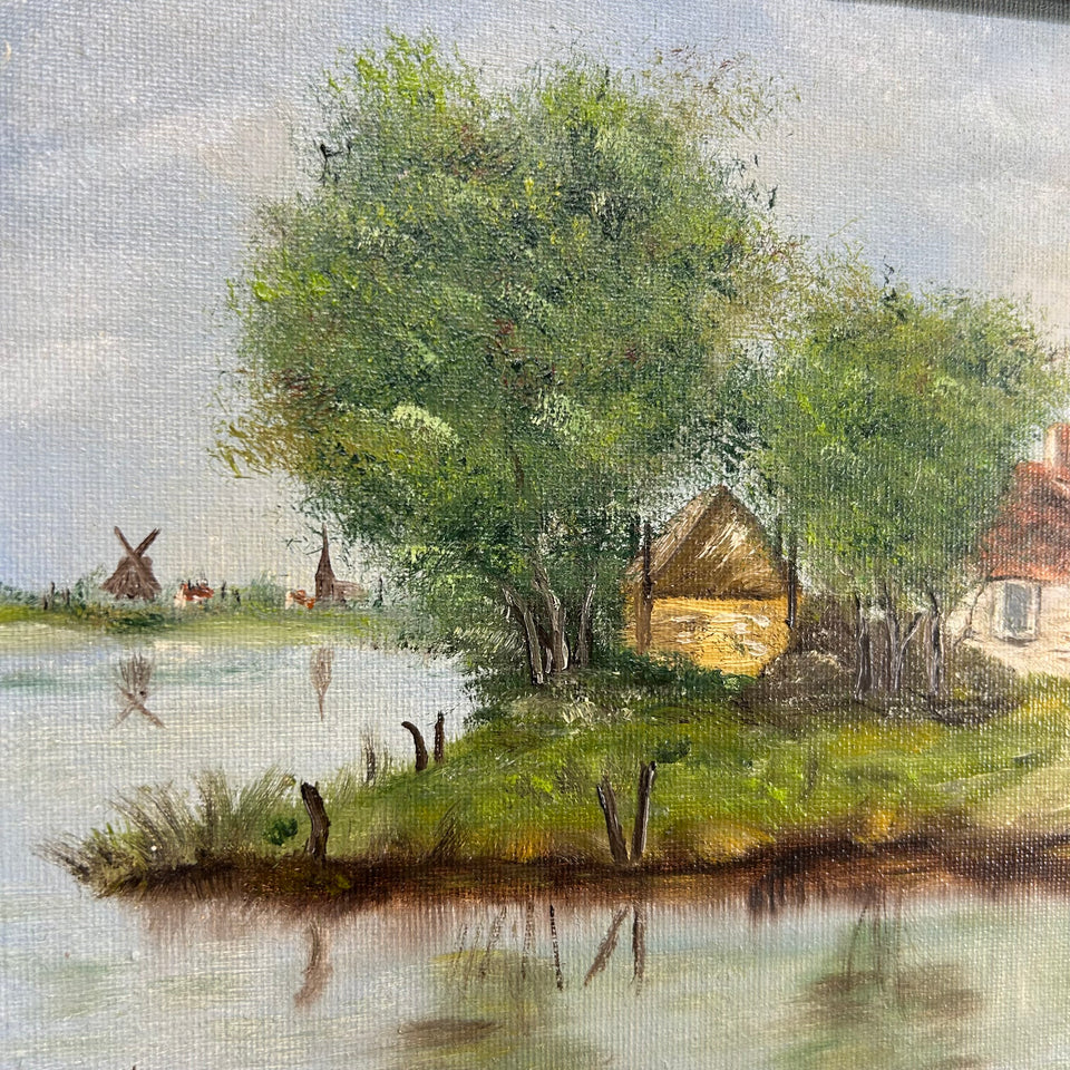 Dutch farm and windmills on the horizon - oil painting