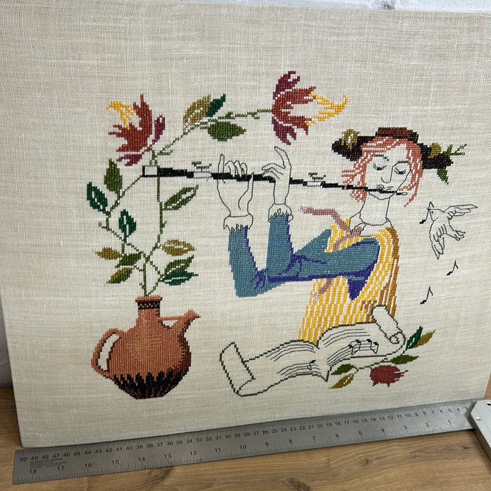 Flute player - Doce Music - Vintage Embroidery - Tapestry - Patchwork - Cotton work - Framed