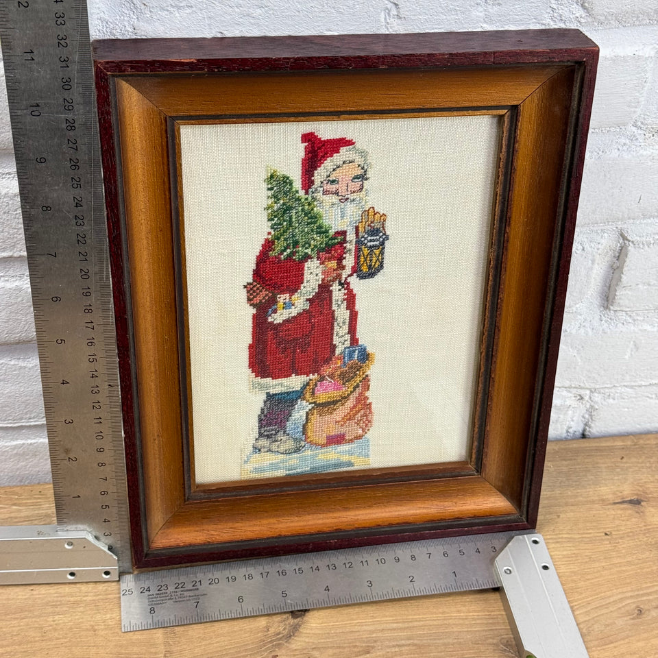 Vintage Santa needlepoint embroidery - Santa with Christmas tree and presents