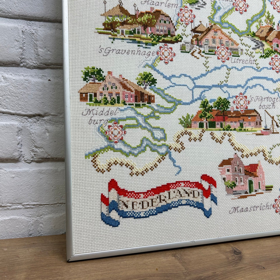 Holland Map Embroidery - Cottonwork - Holland themed work - Framed