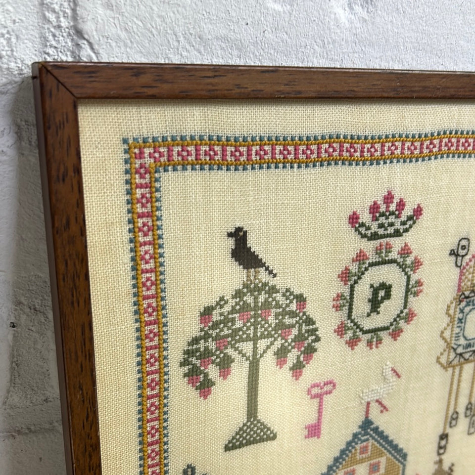Vintage Sampler - Embroidery - Tapestry - Patchwork - Cotton work - Framed