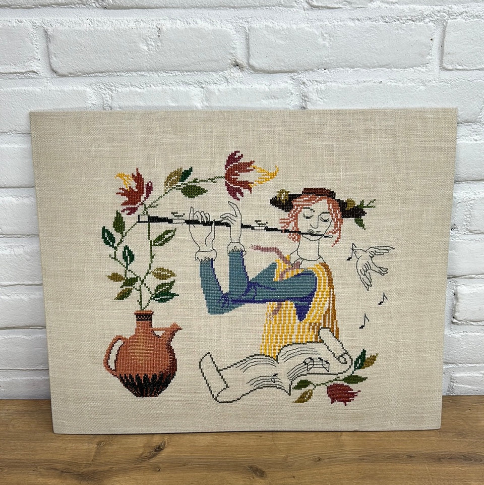 Flute player - Doce Music - Vintage Embroidery - Tapestry - Patchwork - Cotton work - Framed