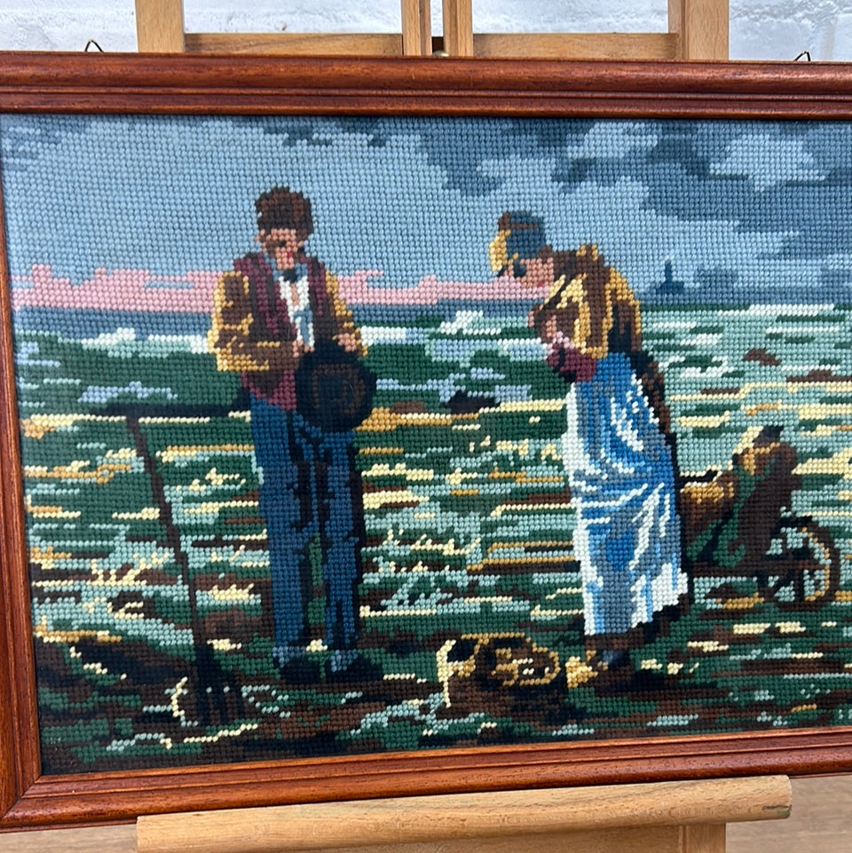 Vintage Farmers Larger Embroidery - Tapestry - Patchwork - Cotton work - Framed