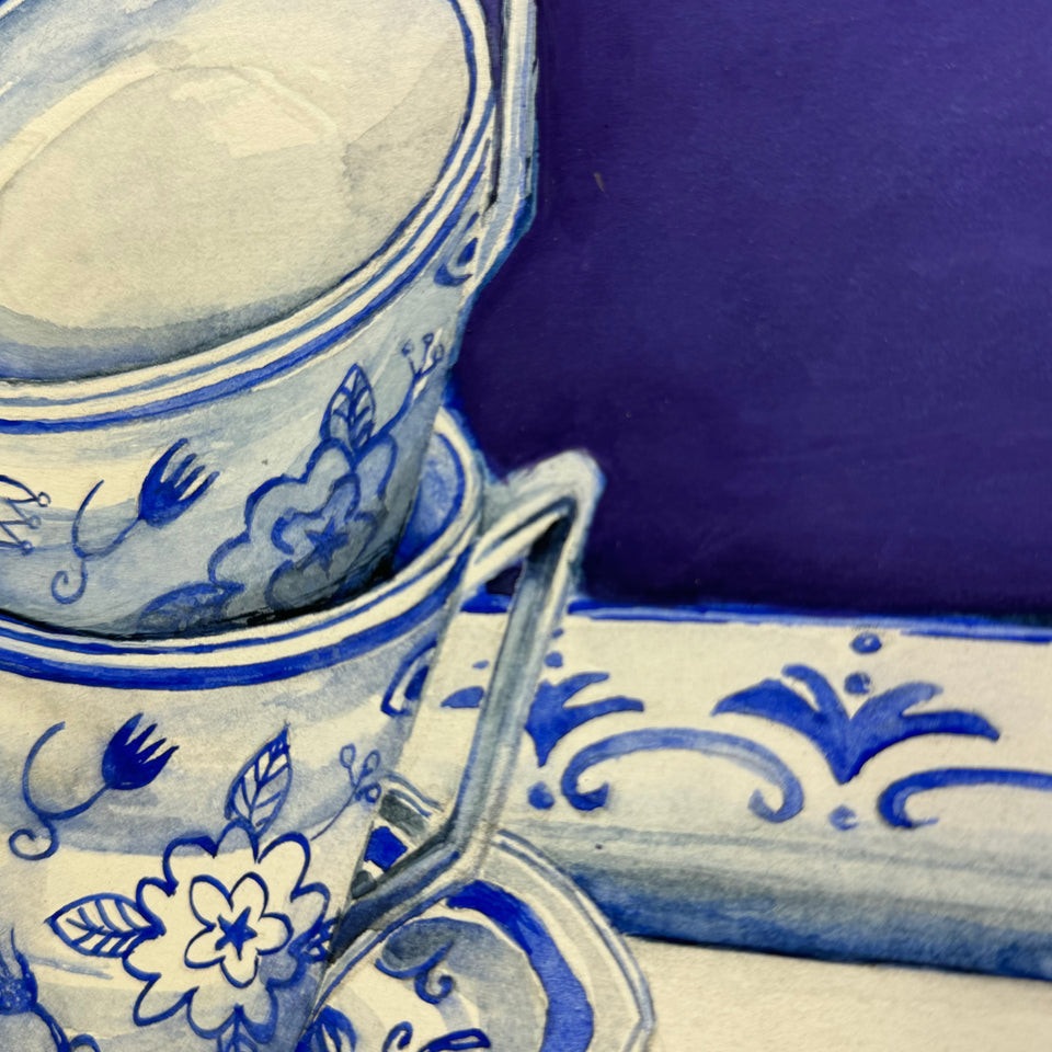 Two original paintings of Delft Blue ceramic from Holland.