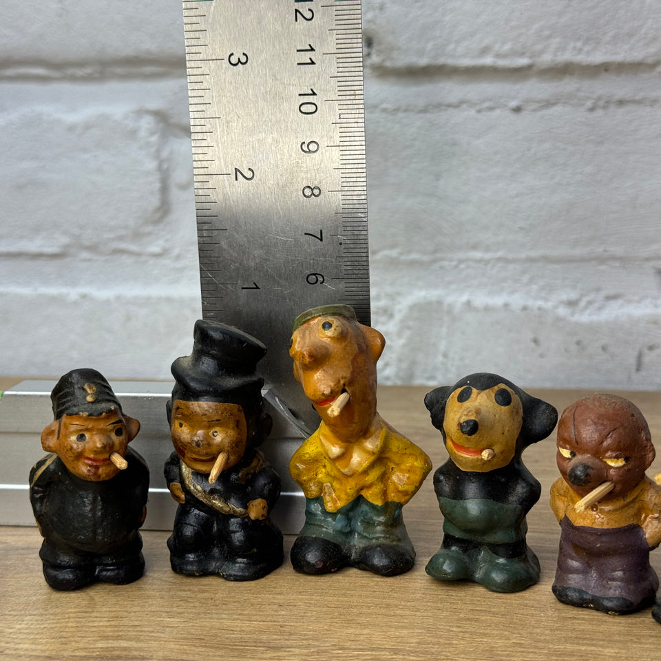 Large set of 6 figures - Stabchen Raucher Macky Smoker figurines and a antique smoking Mickey Mouse