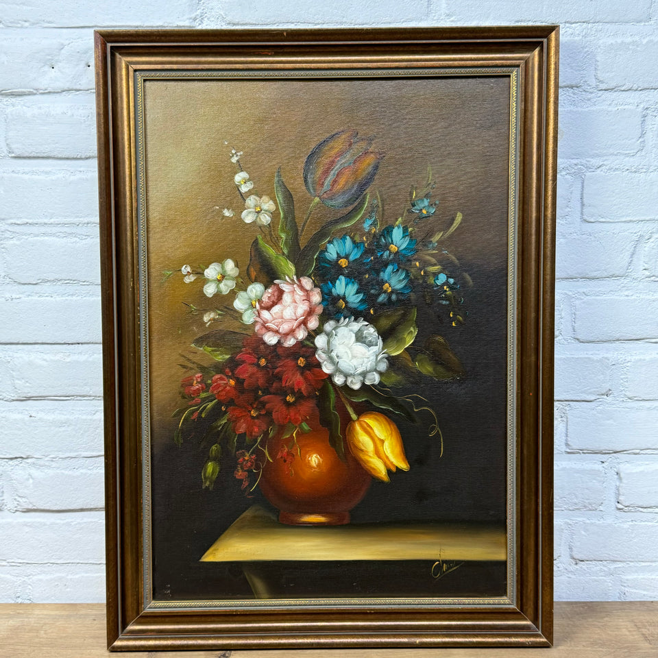 Still life bouquet of flowers - Oil painting in wooden frame