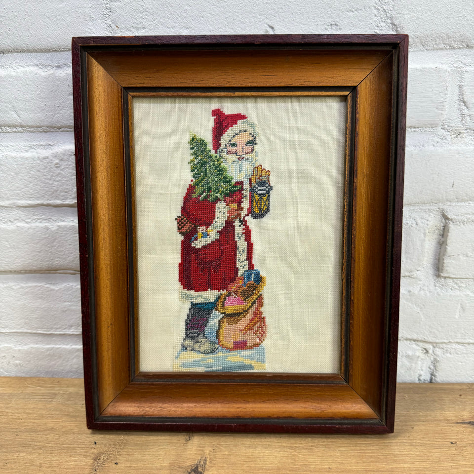 Vintage Santa needlepoint embroidery - Santa with Christmas tree and presents