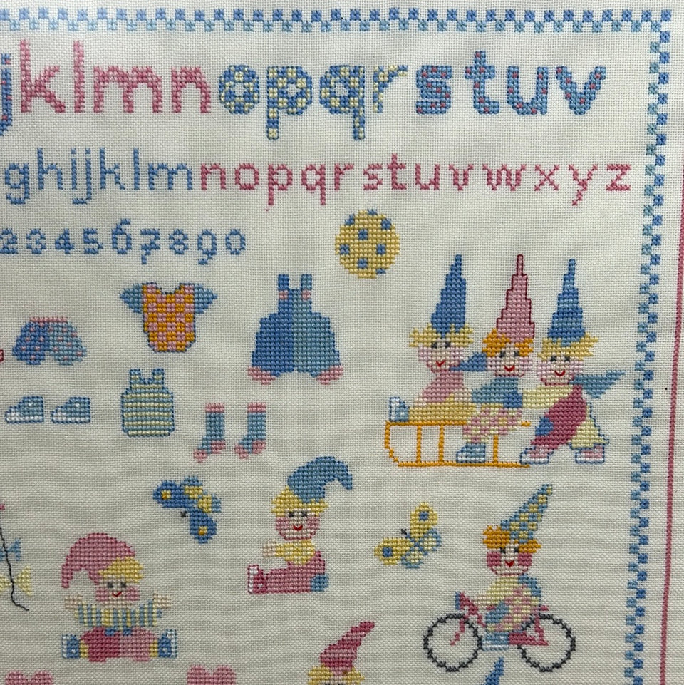 Alphabet Gnomes playing - Kids room Embroidery - Cottonwork - Framed