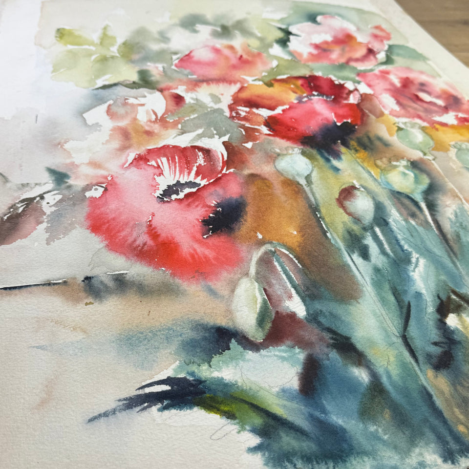Large watercolor painting: Abstract Flowers by Coraline Bäcker