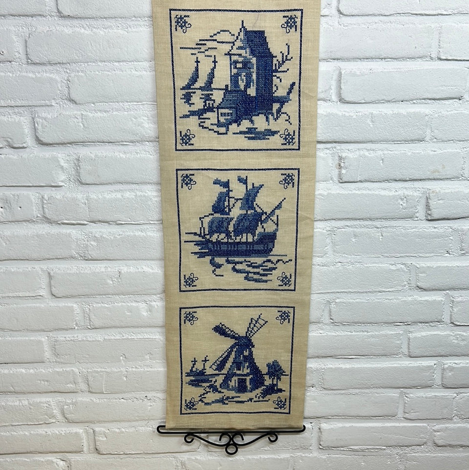 Large Delft tile cross-stich embroidery -  wall hanging - including handles - Sailing ships and windmill