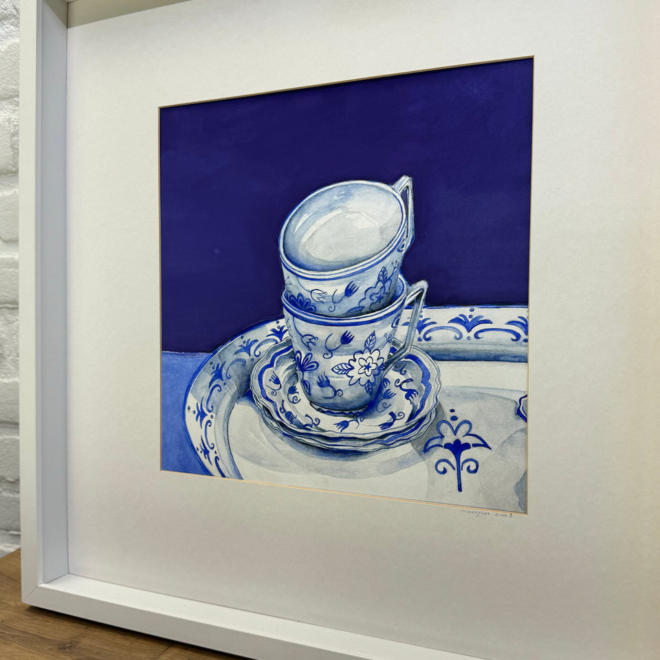 Two original paintings of Delft Blue ceramic from Holland.