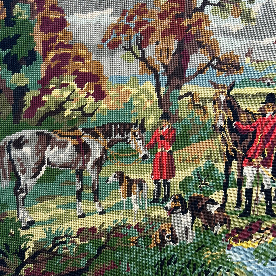 Large Vintage Hunting scene with hunters, horses and dogs  - Framed Embroidery - Cottonwork - Framed