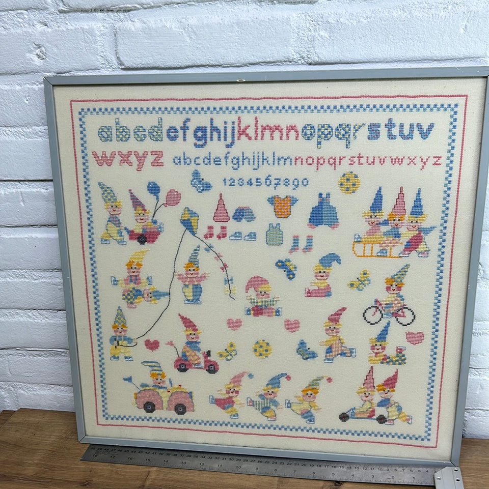 Alphabet Gnomes playing - Kids room Embroidery - Cottonwork - Framed