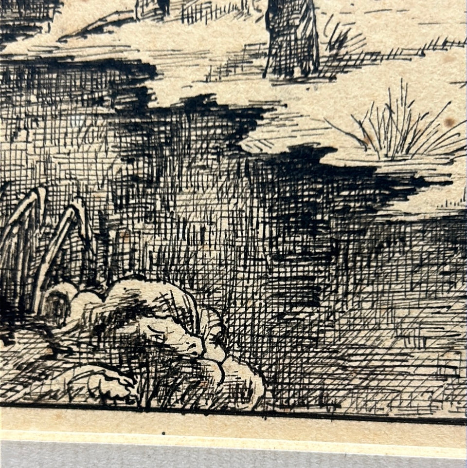 Black Pen ink drawing of Dutch Landscape