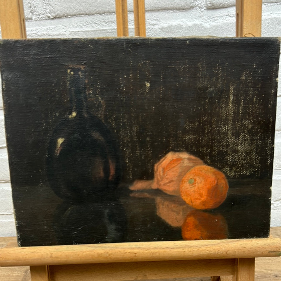 Small Still life oil painting with bottle and fruit