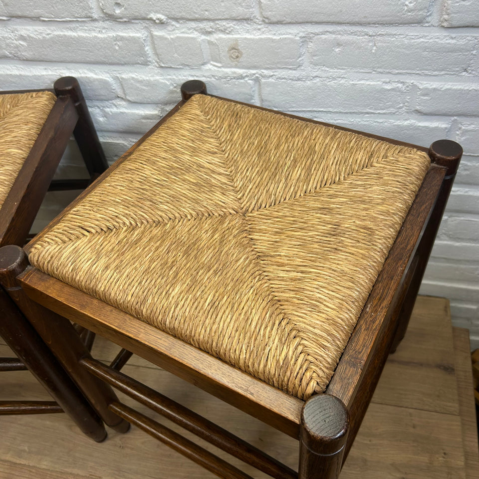 Mid-century modern wooden rattan stools