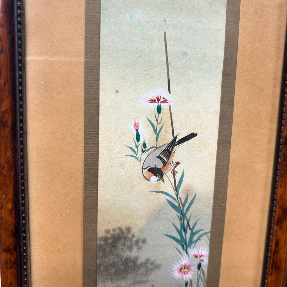 Two Handpainted Asian floral & bird paintings behind frame