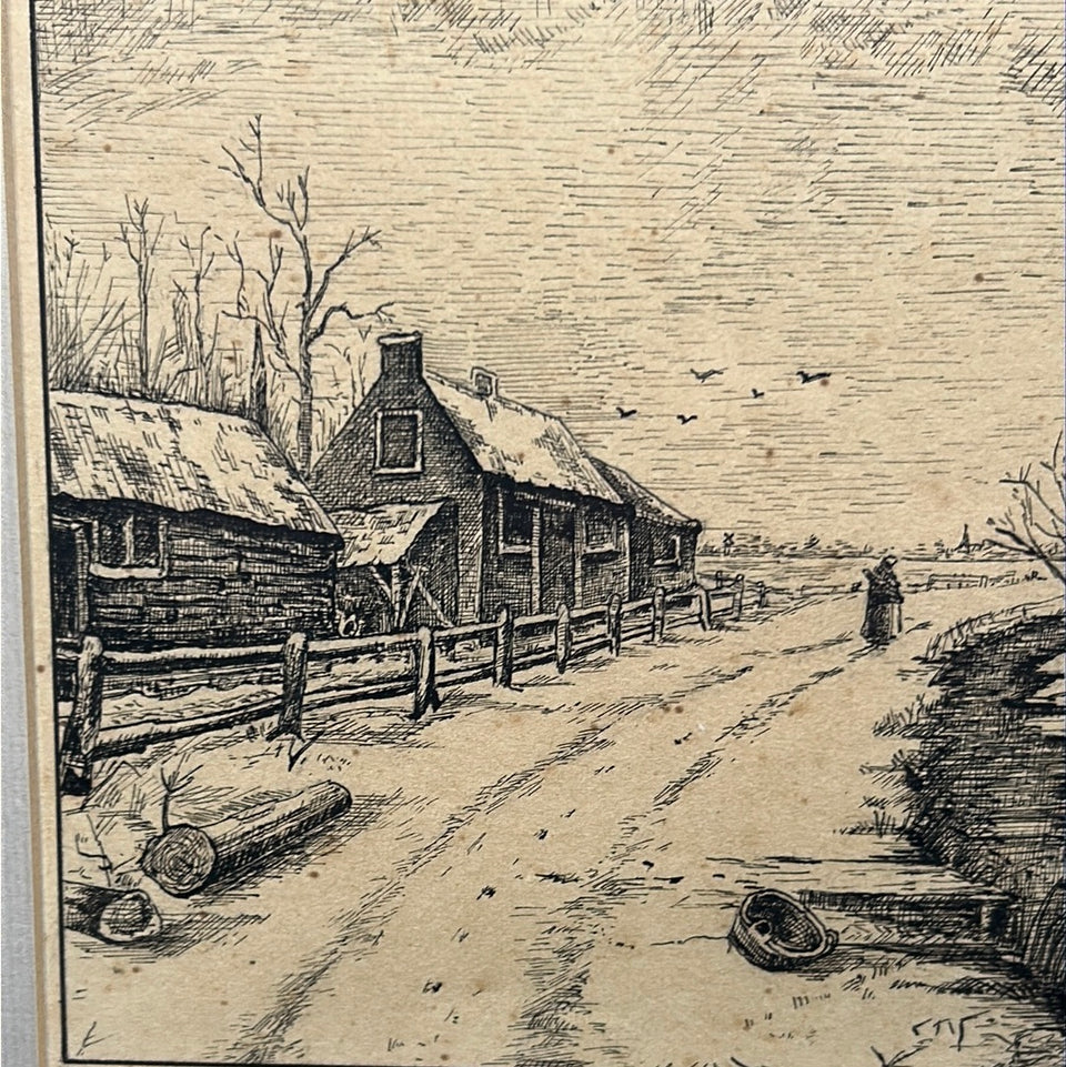 Black Pen ink drawing of Dutch Landscape