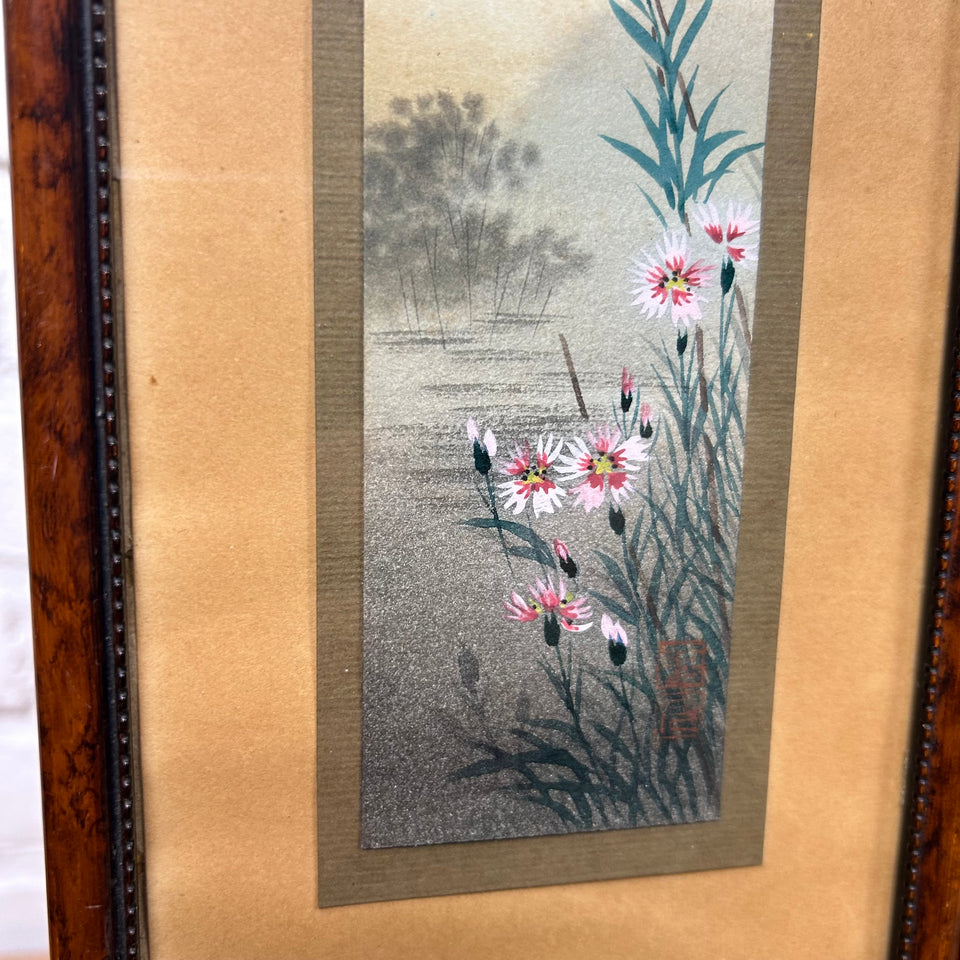 Two Handpainted Asian floral & bird paintings behind frame