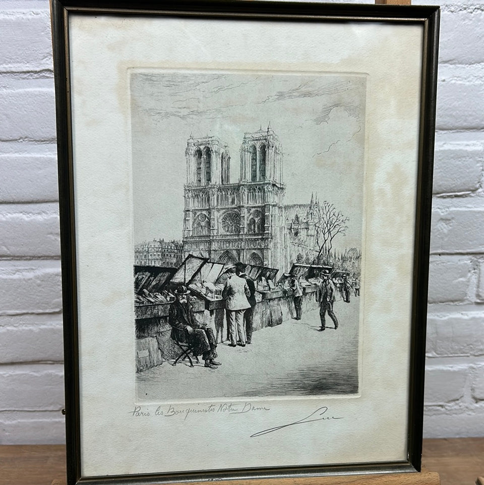 Framed etching Paris “Les Bouquinistes Notre Dame “