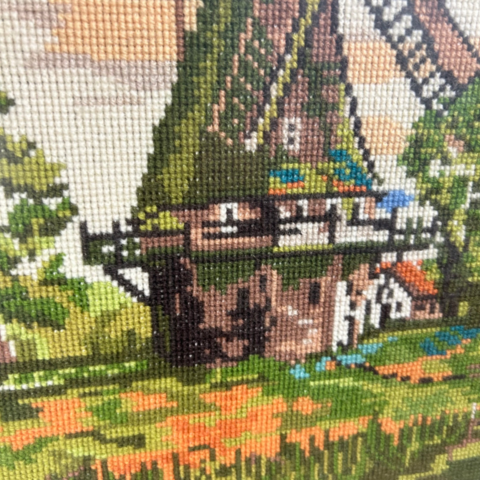 Vintage Embroidery  - Dutch windmill - wall tapestry -  Cottonwork - Framed