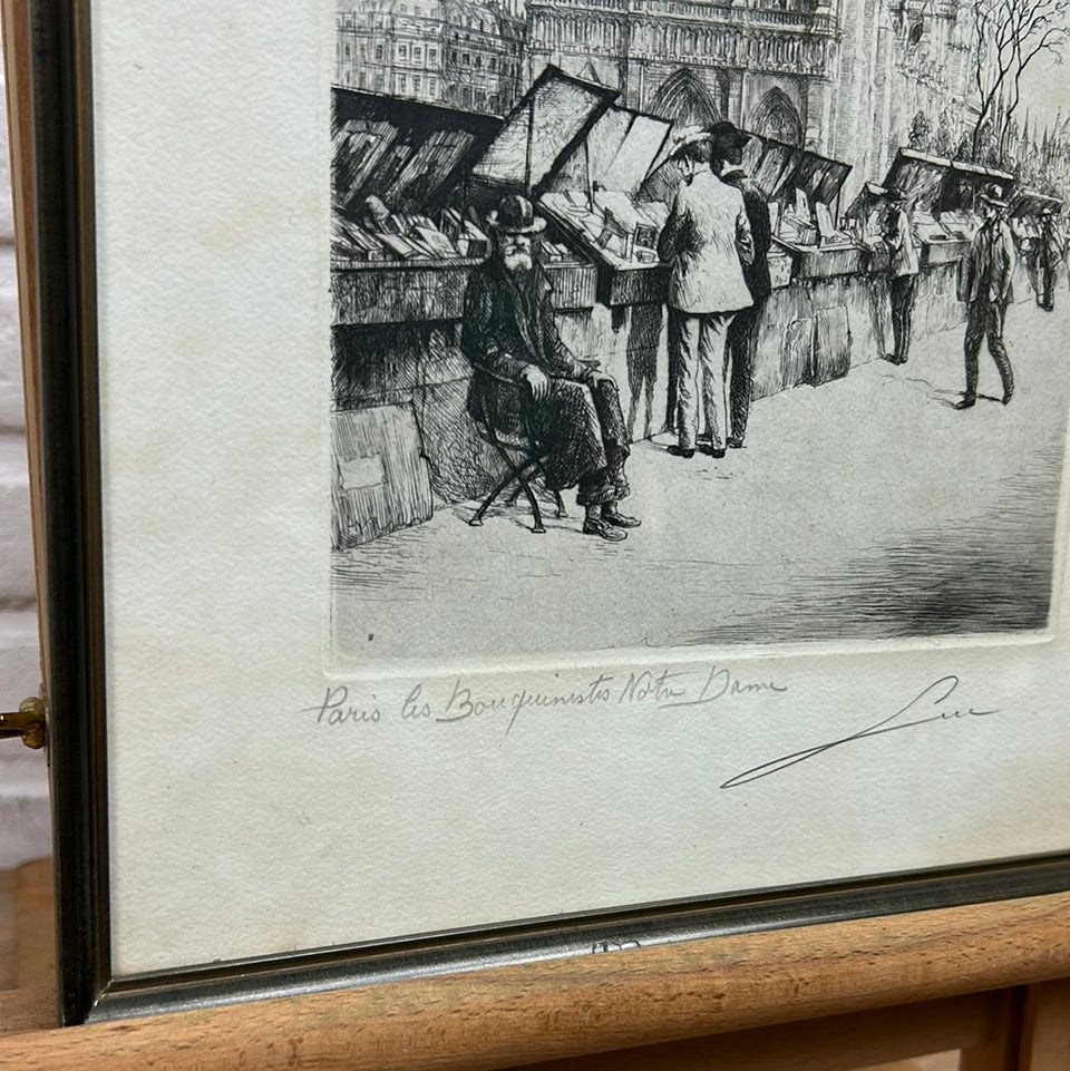 Framed etching Paris “Les Bouquinistes Notre Dame “