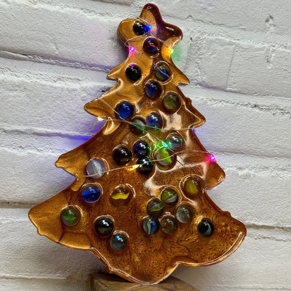 Glass Marbles Christmas tree - Gold Resin epoxy art with colored lights