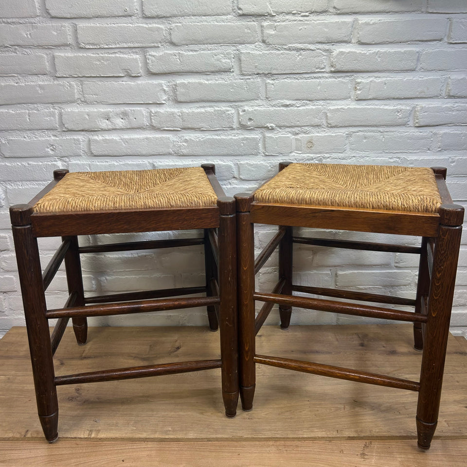 Mid-century modern wooden rattan stools