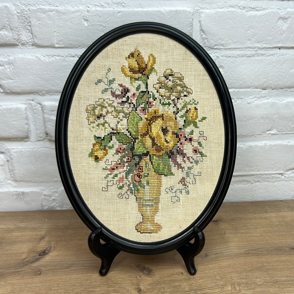 Oval Flowers Embroidery - Cottonwork - Floral  - Framed