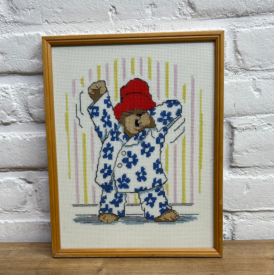 Vintage Sleepy Paddington bear Embroidery -  Childrens room - Tapestry Rabbits - Patchwork - Cotton work - Framed behind glass