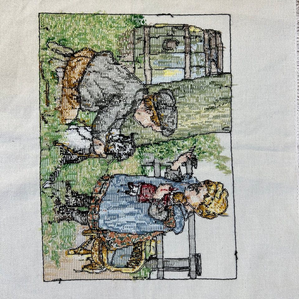 Vintage children Embroidery - Tapestry - Patchwork - Cotton work - Framed