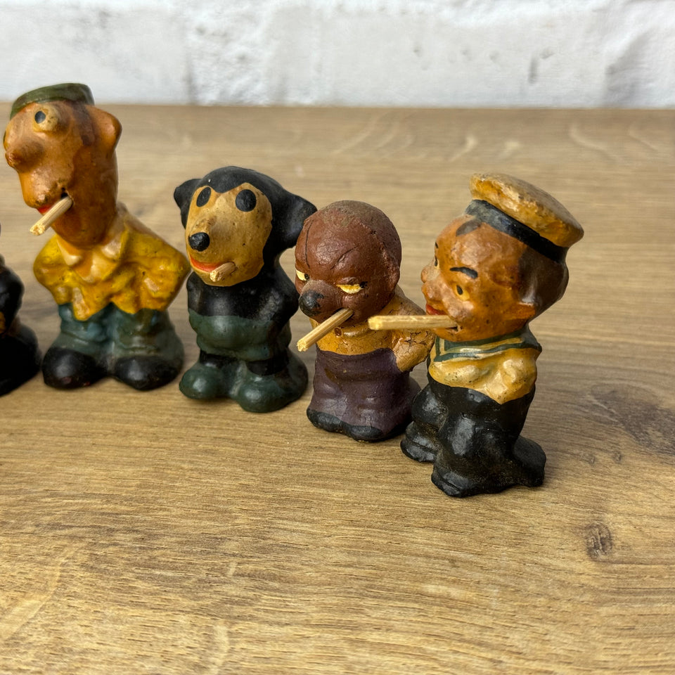 Large set of 6 figures - Stabchen Raucher Macky Smoker figurines and a antique smoking Mickey Mouse