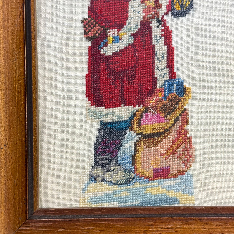 Vintage Santa needlepoint embroidery - Santa with Christmas tree and presents