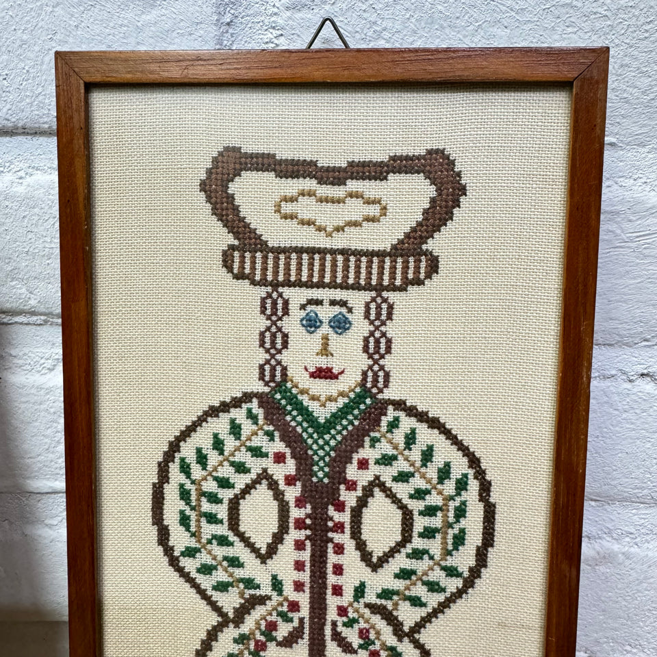 A couple of two folk art figures - Cross-Stitch Embroidery - Cottonwork - Framed