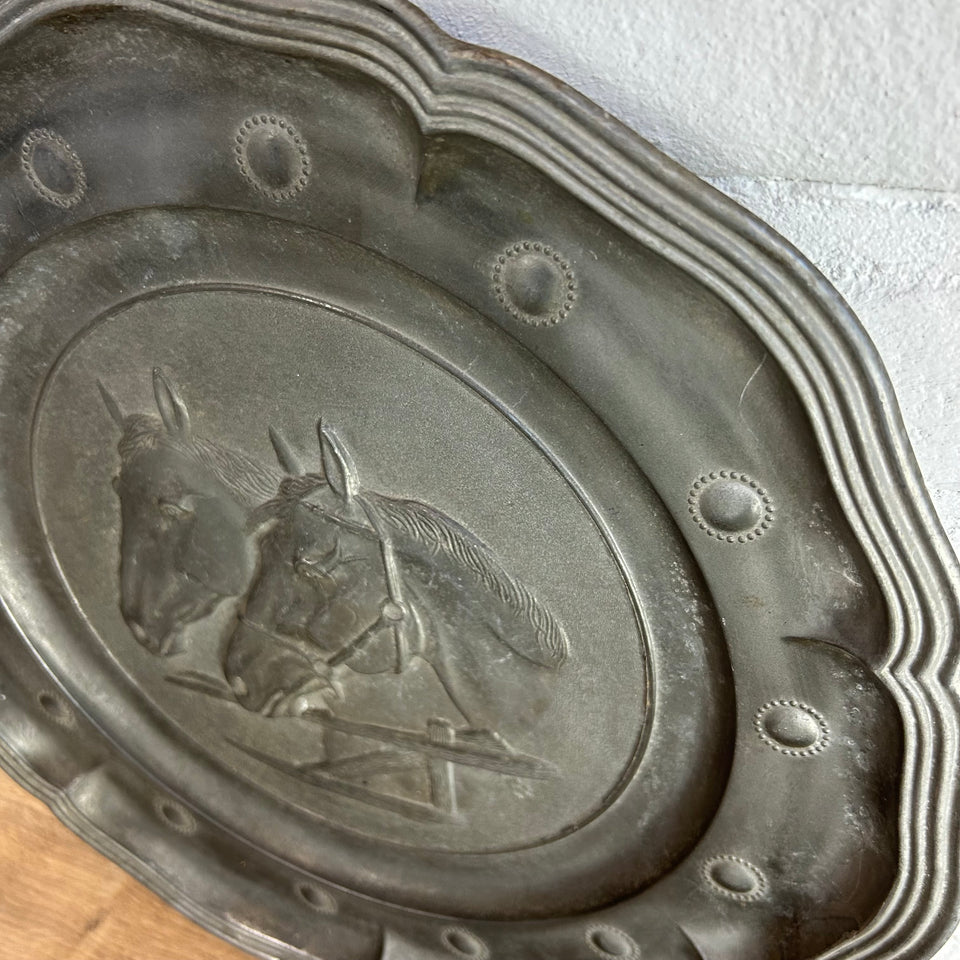 Antique Horse Pewter Decorative Plate, Two Horses Stading at a Fence