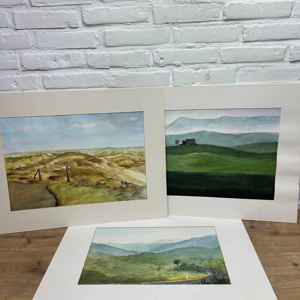 Set of three watercolor paintings of Italy, Tuscany landscape