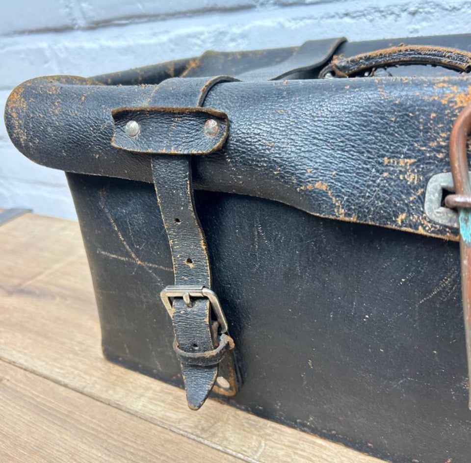 Antique leather doctor bag with wooden base